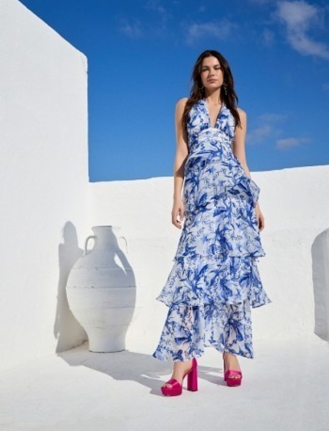 Floral printed μπλε αμάνικο maxi φόρεμα, με σταθερή μέση, βολάν σε επίπεδα, V-λαιμόκοψη και χιαστί πλάτη Be you 