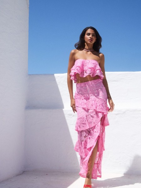Ροζ δαντελένιο strapless μπούστο με 2 βολάν σε επίπεδα Be you