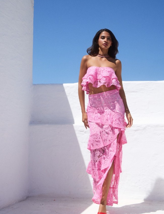 Ροζ δαντελένιο strapless μπούστο με 2 βολάν σε επίπεδα Be you