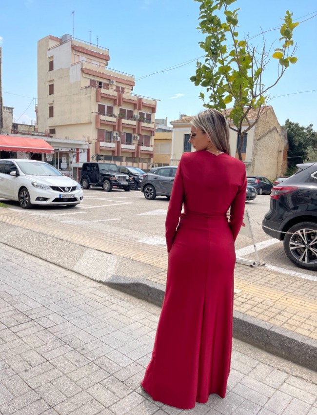 Μπορντώ μακρυμάνικο maxi Alica φόρεμα με σούρες μπροστά και σκίσιμο Be You