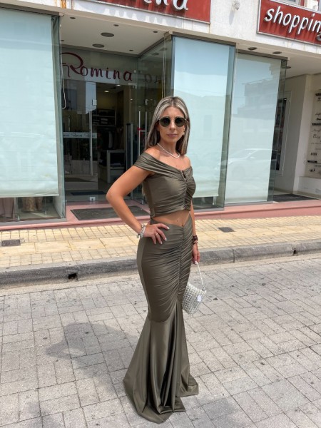 Λαδί αμάνικo cropped Vivian top, με σούρες μπροστά και πίσω και χρυσό μεταλλικό στοιχείο Be You 