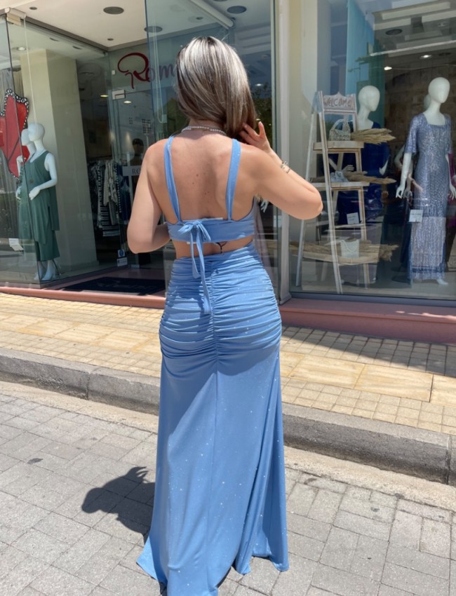 Σιελ lurex αμάνικη cropped μπλούζα με κρυφό άνοιγμα στο μπούστο και ιδιαίτερο δέσιμο στην πλάτη Be You 