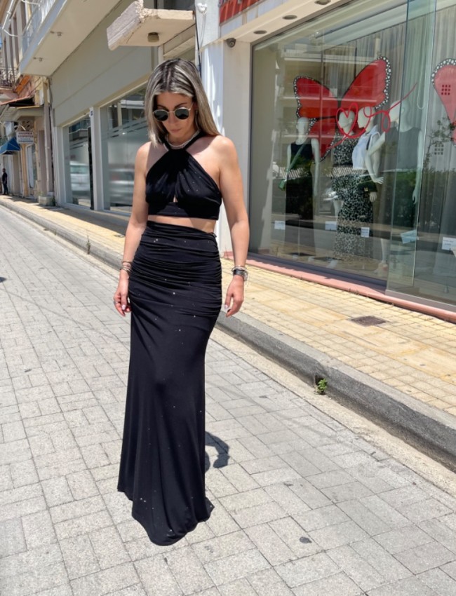 Μαύρη lurex αμάνικη cropped μπλούζα με κρυφό άνοιγμα στο μπούστο και ιδιαίτερο δέσιμο στην πλάτη Be You 