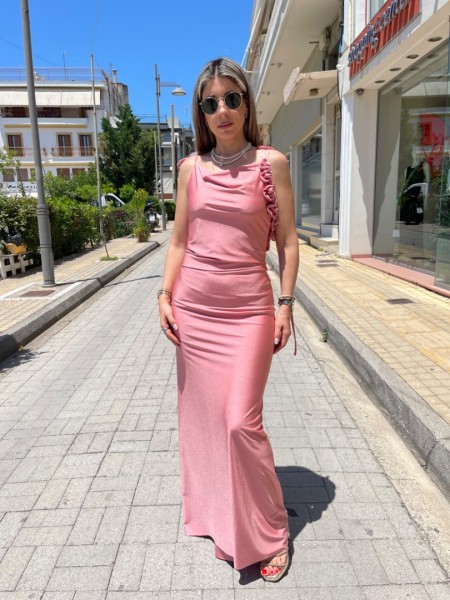Ροζ-nude αμάνικο ζέρσευ maxi εξώπλατο φόρεμα, σε γοργονέ γραμμή, με σούρες πίσω, άνοιγμα στην πλάτη και 3D-λουλούδια Be you