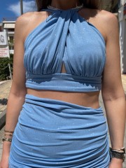Σιελ lurex αμάνικη cropped μπλούζα με κρυφό άνοιγμα στο μπούστο και ιδιαίτερο δέσιμο στην πλάτη Be You 