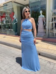 Σιελ lurex ψηλόμεση maxi ελαστική φούστα με σούρες στο πλάι και ιδιαίτερο άνοιγμα στην μέση Be You