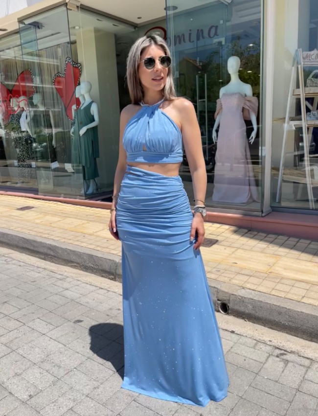 Σιελ lurex ψηλόμεση maxi ελαστική φούστα με σούρες στο πλάι και ιδιαίτερο άνοιγμα στην μέση Be You