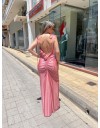 Ροζ-nude αμάνικο ζέρσευ maxi εξώπλατο φόρεμα, σε γοργονέ γραμμή, με σούρες πίσω, άνοιγμα στην πλάτη και 3D-λουλούδια Be you