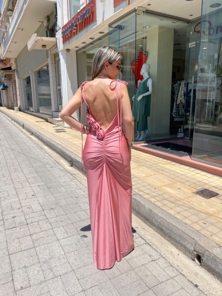 Ροζ-nude αμάνικο ζέρσευ maxi εξώπλατο φόρεμα, σε γοργονέ γραμμή, με σούρες πίσω, άνοιγμα στην πλάτη και 3D-λουλούδια Be you