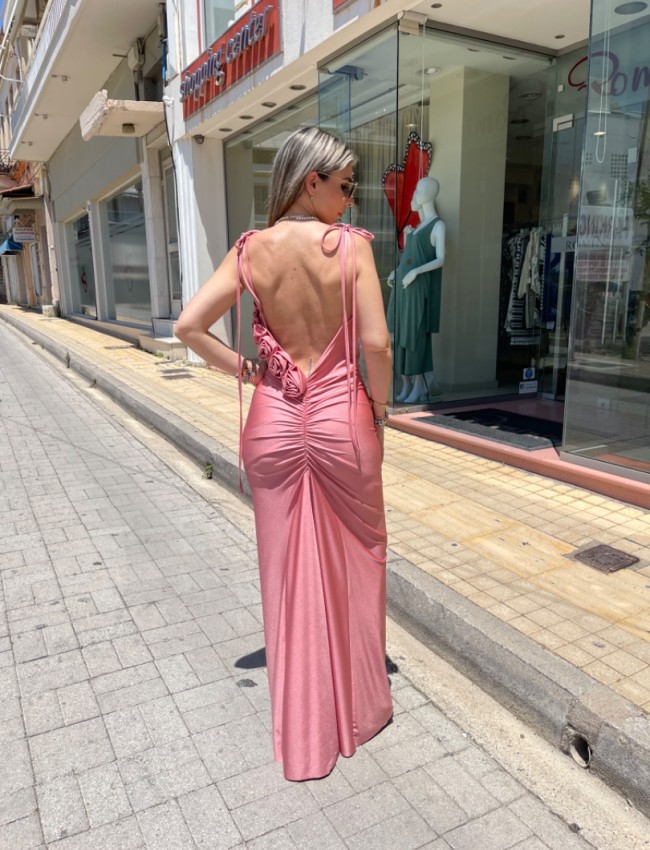 Ροζ-nude αμάνικο ζέρσευ maxi εξώπλατο φόρεμα, σε γοργονέ γραμμή, με σούρες πίσω, άνοιγμα στην πλάτη και 3D-λουλούδια Be you
