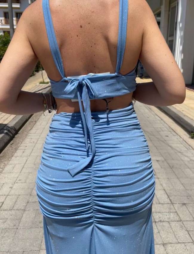 Σιελ lurex αμάνικη cropped μπλούζα με κρυφό άνοιγμα στο μπούστο και ιδιαίτερο δέσιμο στην πλάτη Be You 