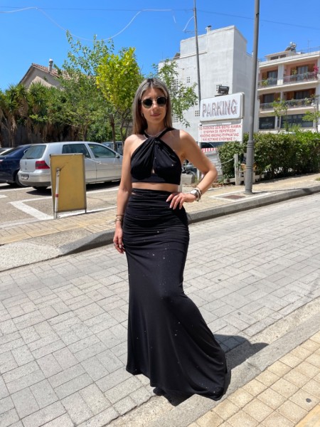 Μαύρη lurex ψηλόμεση maxi ελαστική φούστα με σούρες στο πλάι και ιδιαίτερο άνοιγμα στην μέση Be You