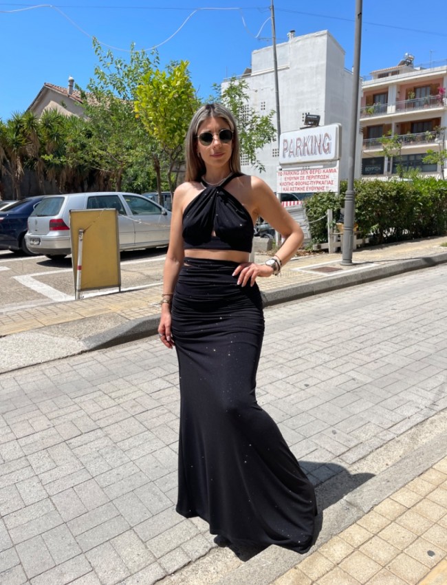Μαύρη lurex ψηλόμεση maxi ελαστική φούστα με σούρες στο πλάι και ιδιαίτερο άνοιγμα στην μέση Be You