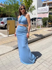 Σιελ lurex ψηλόμεση maxi ελαστική φούστα με σούρες στο πλάι και ιδιαίτερο άνοιγμα στην μέση Be You