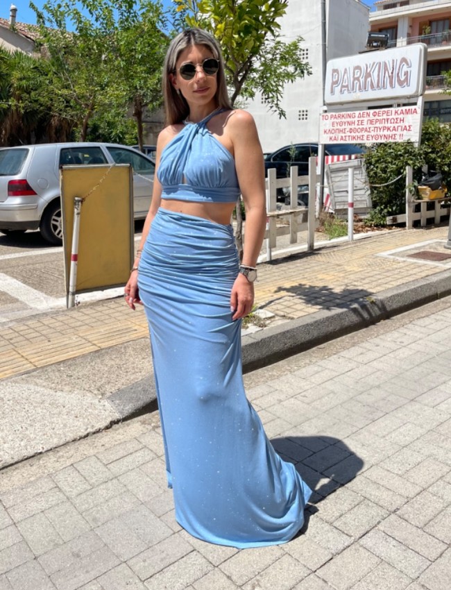 Σιελ lurex ψηλόμεση maxi ελαστική φούστα με σούρες στο πλάι και ιδιαίτερο άνοιγμα στην μέση Be You
