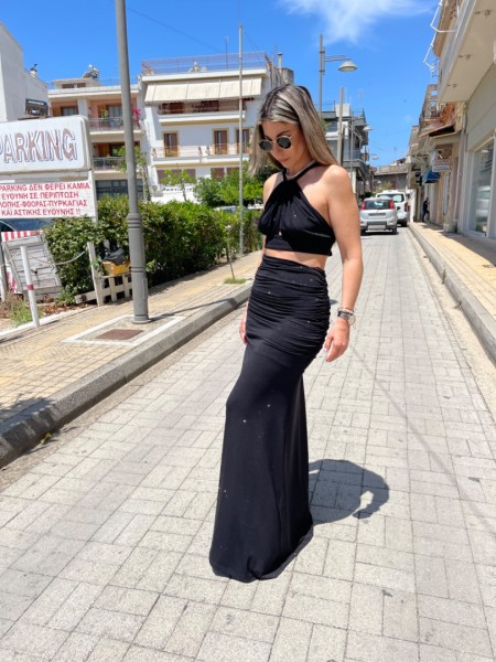 Μαύρη lurex ψηλόμεση maxi ελαστική φούστα με σούρες στο πλάι και ιδιαίτερο άνοιγμα στην μέση Be You