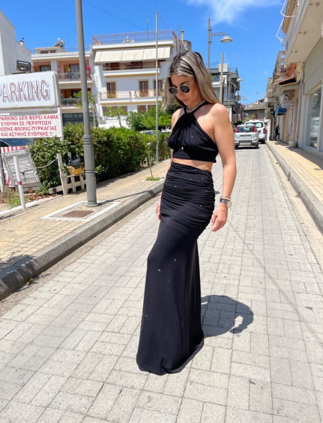 Μαύρη lurex ψηλόμεση maxi ελαστική φούστα με σούρες στο πλάι και ιδιαίτερο άνοιγμα στην μέση Be You