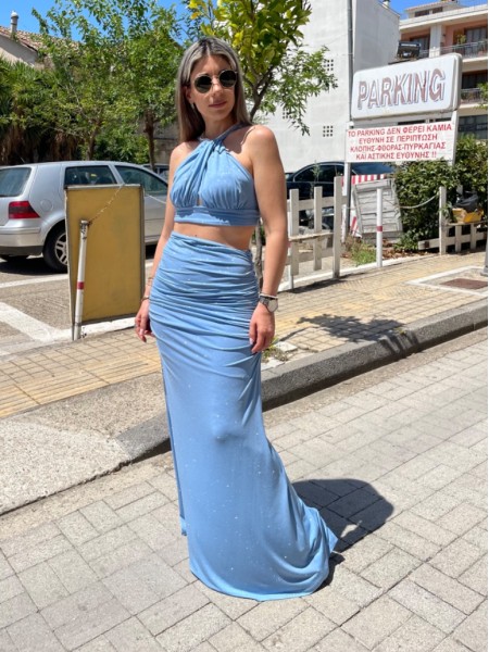 Σιελ lurex αμάνικη cropped μπλούζα με κρυφό άνοιγμα στο μπούστο και ιδιαίτερο δέσιμο στην πλάτη Be You 
