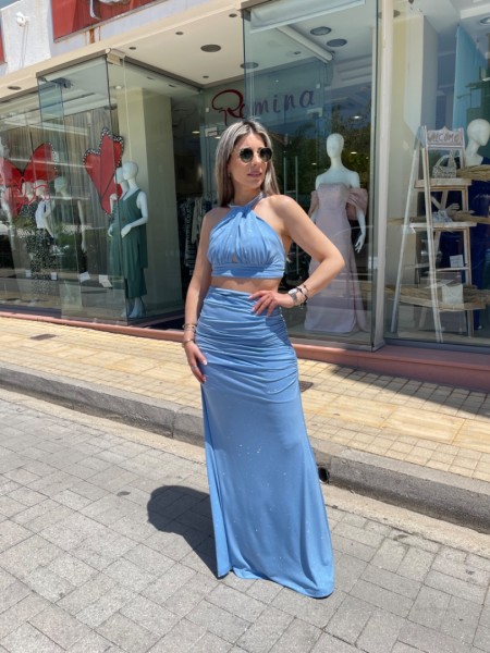 Σιελ lurex ψηλόμεση maxi ελαστική φούστα με σούρες στο πλάι και ιδιαίτερο άνοιγμα στην μέση Be You