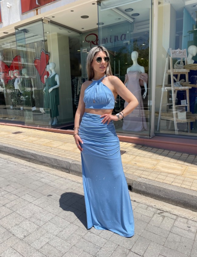Σιελ lurex ψηλόμεση maxi ελαστική φούστα με σούρες στο πλάι και ιδιαίτερο άνοιγμα στην μέση Be You