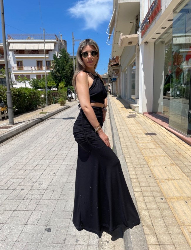 Μαύρη lurex ψηλόμεση maxi ελαστική φούστα με σούρες στο πλάι και ιδιαίτερο άνοιγμα στην μέση Be You