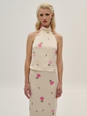 Floral printed σατέν αμάνικο τοπ, με παρτούς ώμους, λουπέτο λαιμόκοψη και έξω πλάτη Combos Knitwear 