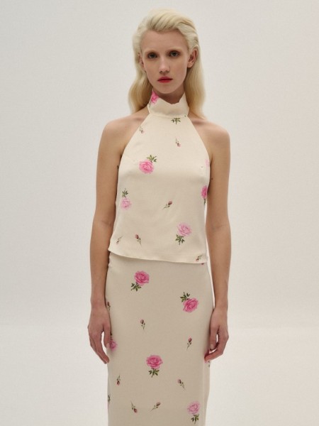 Floral printed σατέν αμάνικο τοπ, με παρτούς ώμους, λουπέτο λαιμόκοψη και έξω πλάτη Combos Knitwear 