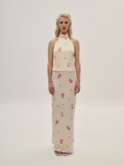 Floral printed βανίλια σατέν maxi φούστα, σε ίσια γραμμή και λάστιχο στην μέση Combos Knitwear 