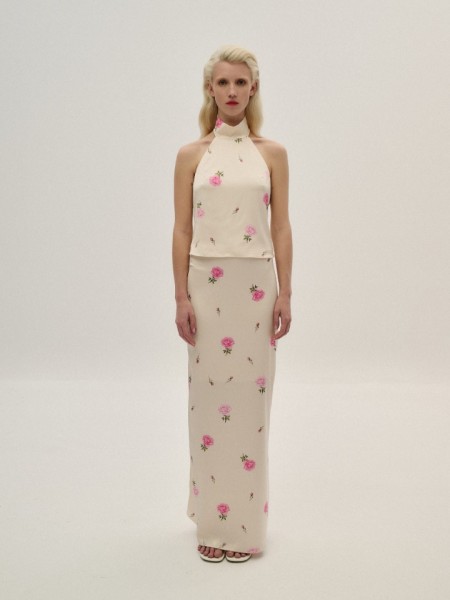 Floral printed βανίλια σατέν maxi φούστα, σε ίσια γραμμή και λάστιχο στην μέση Combos Knitwear 