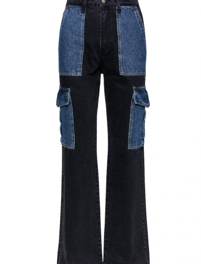Μαύρο ψηλόμεσο cargo jean σε ίσια γραμμή, με blue jean πλάγιες και τετράγωνες τσέπες Combos knitwear 