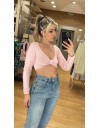 Ροζ μακρυμάνικη πλεκτή cropped top με σούρα μπροστά στην V- λαιμόκοψη Combos Knitwear 