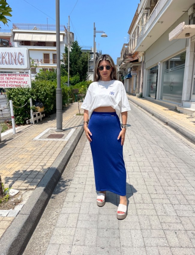 Μπλε ρουά lurex ψηλόμεση πλεκτή maxi φούστα σε ίσια γραμμή και λάστιχο στην μέση Combos knitwear