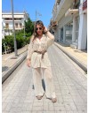 Εκρού ψηλόμεση πλεκτή παντελόνα-δίχτυ με λάστιχο στην μέση και σε ίσια γραμμή Combos knitwear