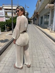 Εκρού ψηλόμεση πλεκτή παντελόνα-δίχτυ με λάστιχο στην μέση και σε ίσια γραμμή Combos knitwear