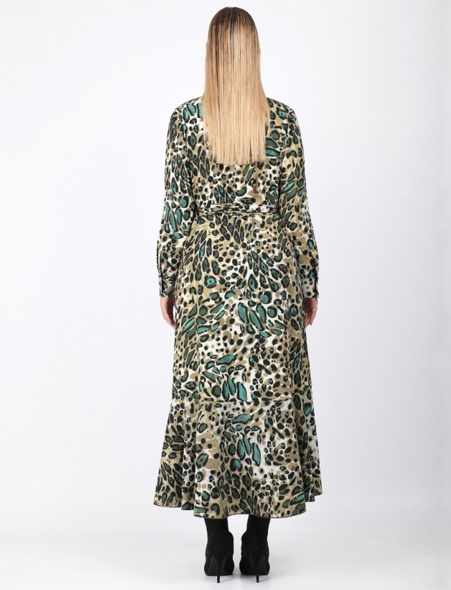 Animal printed λαδί μακρυμάνικο κρουαζέ midi φόρεμα με βολάν στο τελείωμα και δέσιμο στο πλάι Dina by MIRO
