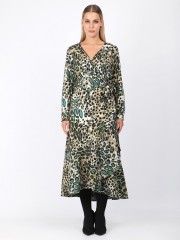 Animal printed λαδί μακρυμάνικο κρουαζέ midi φόρεμα με βολάν στο τελείωμα και δέσιμο στο πλάι Dina by MIRO