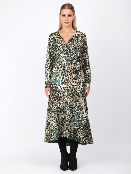 Animal printed λαδί μακρυμάνικο κρουαζέ midi φόρεμα με βολάν στο τελείωμα και δέσιμο στο πλάι Dina by MIRO
