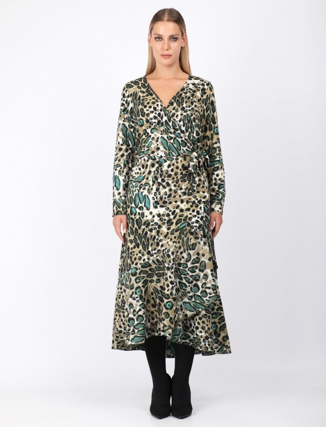 Animal printed λαδί μακρυμάνικο κρουαζέ midi φόρεμα με βολάν στο τελείωμα και δέσιμο στο πλάι Dina by MIRO