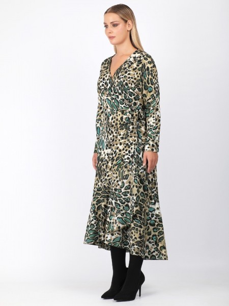 Animal printed λαδί μακρυμάνικο κρουαζέ midi φόρεμα με βολάν στο τελείωμα και δέσιμο στο πλάι Dina by MIRO