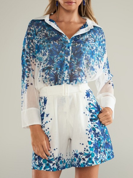 Floral printed μπλε ψηλόμεσο λινό σορτς, λάστιχο πίσω στην μέση και αποσπώμενη ζώνη Eveleya 