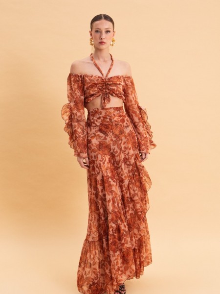 CINNAMON BLOOMS OFF SHOULDERS TOP WITH GOLD DETAILS Eveleya 