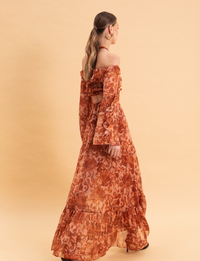 CINNAMON BLOOMS MAXI WRAP SKIRT WITH GOLD DETAILS Eveleya 