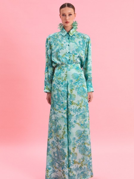 BOTANICAL BREEZE HIGH WAISTED SATIN PANTS EVELEYA 