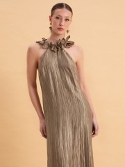 OLIVE MAXI SHIMMERING PLEATED DRESS