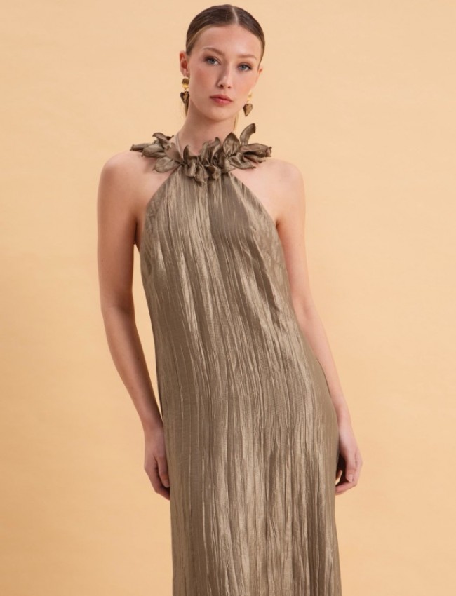 OLIVE MAXI SHIMMERING PLEATED DRESS