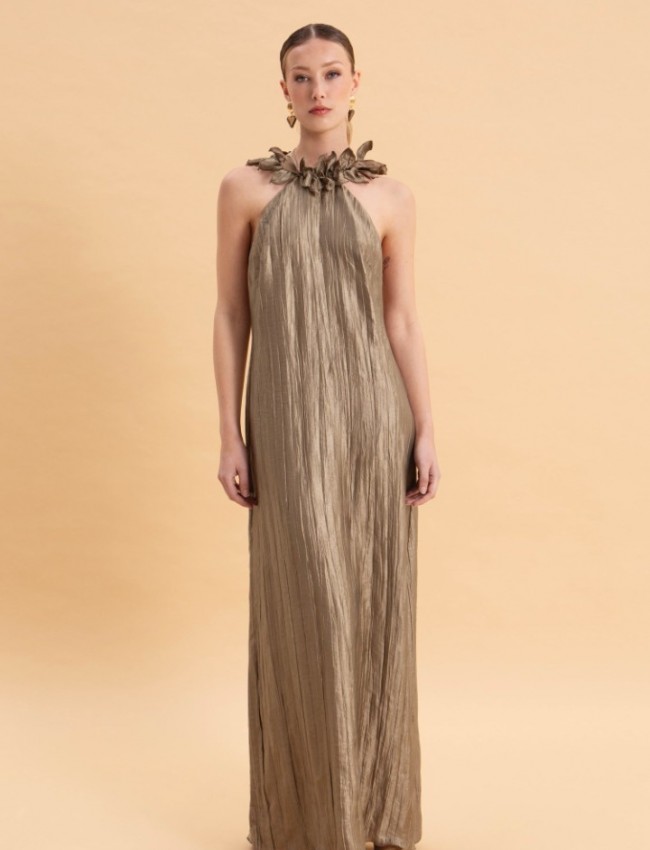 OLIVE MAXI SHIMMERING PLEATED DRESS