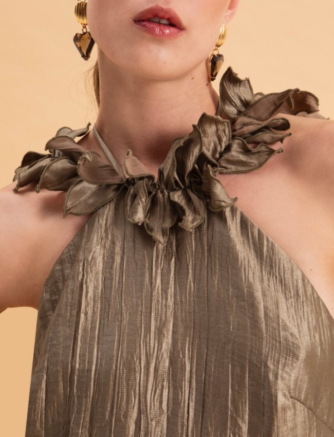 OLIVE MAXI SHIMMERING PLEATED DRESS