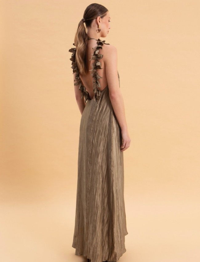 OLIVE MAXI SHIMMERING PLEATED DRESS