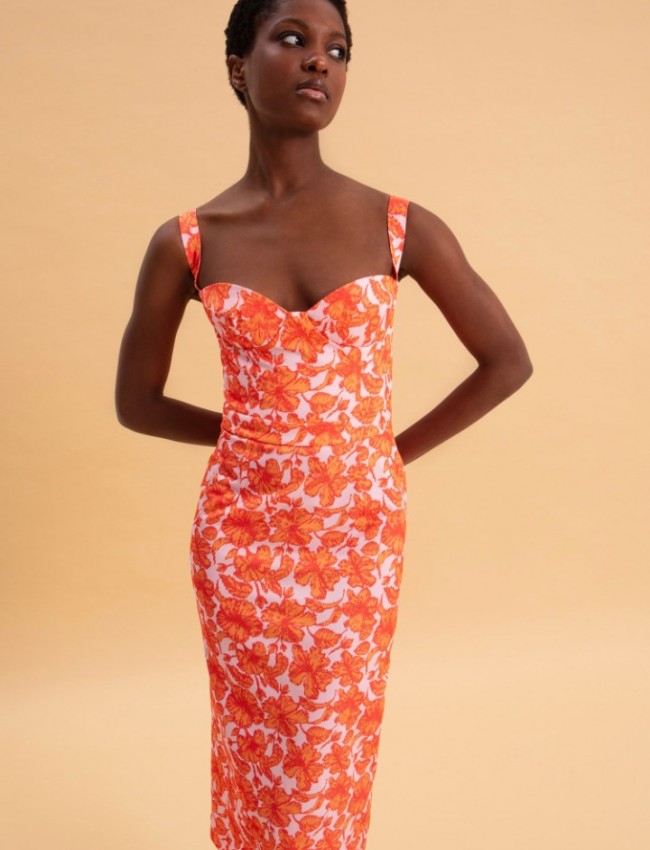 CORAL HIBISCUS MIDI DRESS
