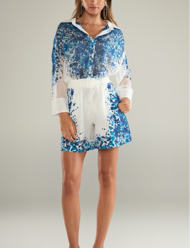 Floral printed μπλε μακρυμάνικο μακρύ πουκάμισο Eveleya